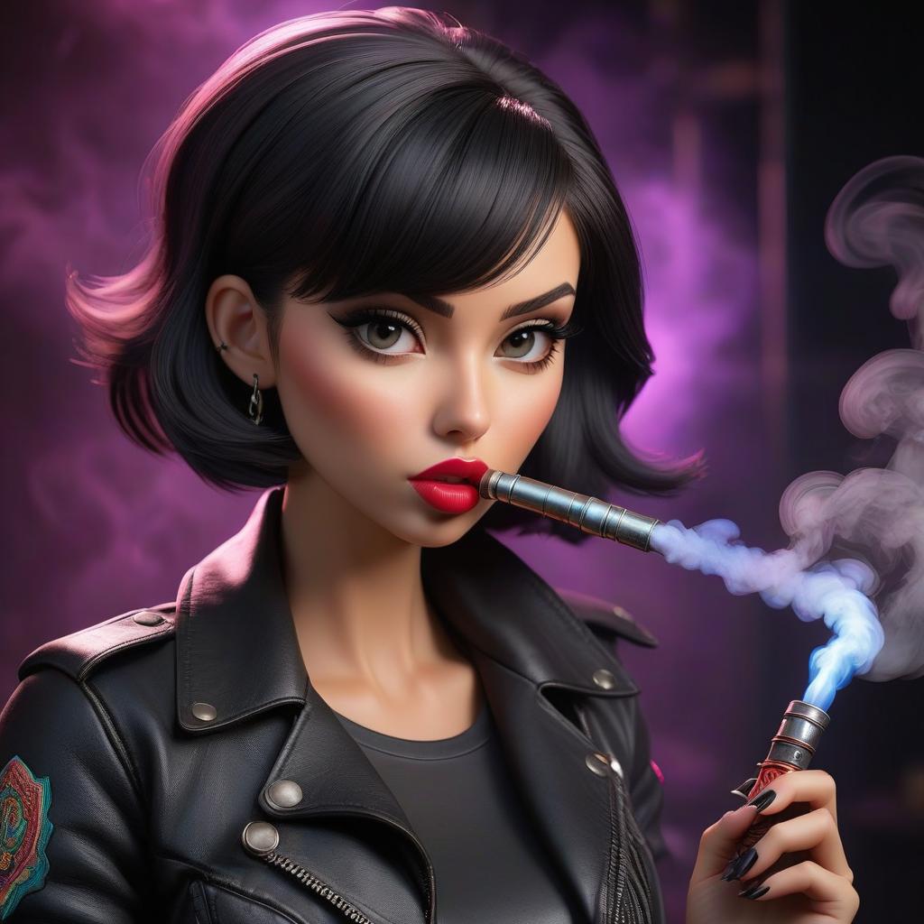  A girl with dark hair, a cropped haircut, wearing a black top and denim shorts, in a black leather jacket, holding a hookah pipe in one hand, her lips emitting smoke, head on view, ultraviolet lighting. hyperrealistic, full body, detailed clothing, highly detailed, cinematic lighting, stunningly beautiful, intricate, sharp focus, f/1. 8, 85mm, (centered image composition), (professionally color graded), ((bright soft diffused light)), volumetric fog, trending on instagram, trending on tumblr, HDR 4K, 8K