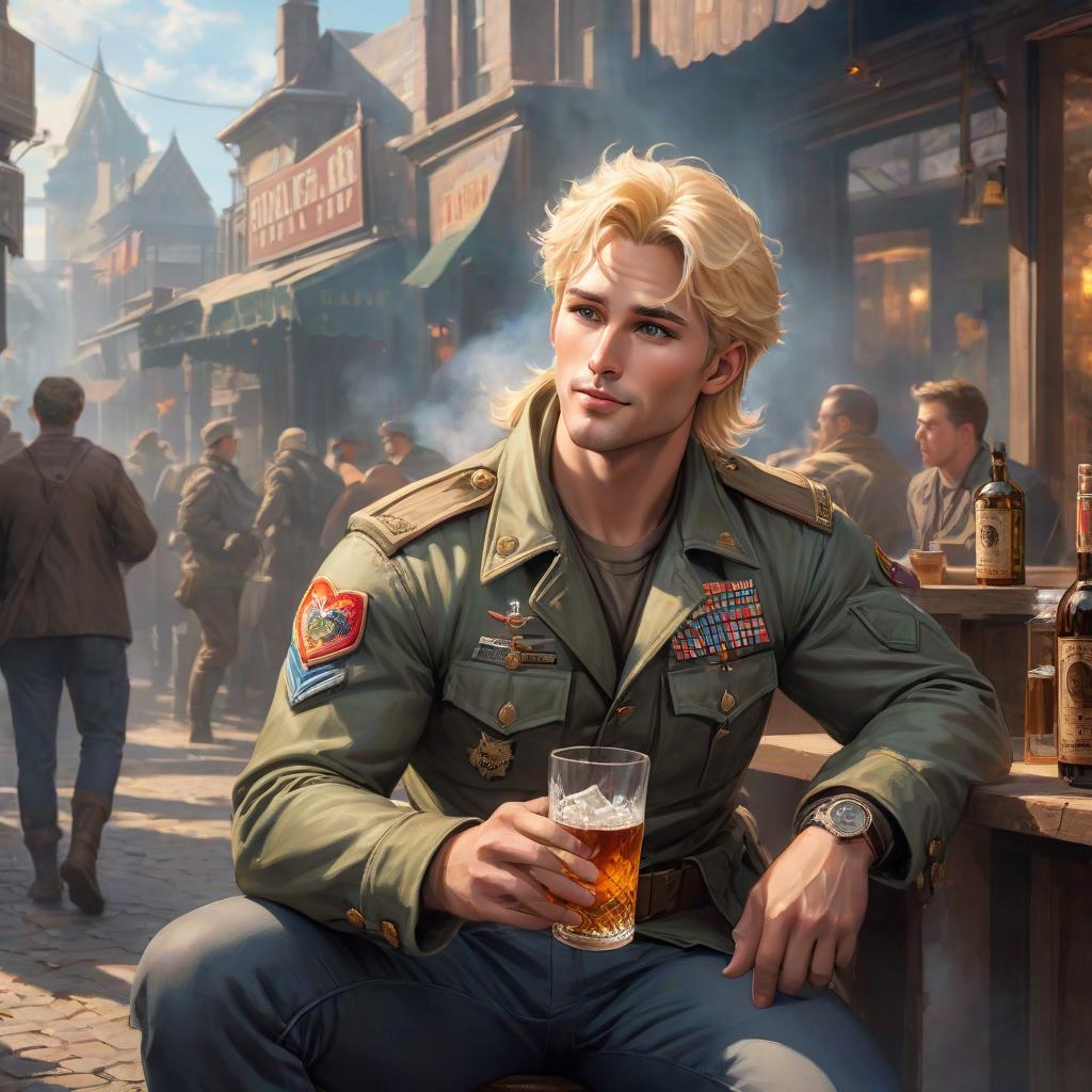  ethereal fantasy concept art of Blond Ted a beefed up man in a military jacket, a good natured rascal who enjoys drinking whiskey, talking to hearts, and joking. . magnificent, celestial, ethereal, painterly, epic, majestic, magical, fantasy art, cover art, dreamy hyperrealistic, full body, detailed clothing, highly detailed, cinematic lighting, stunningly beautiful, intricate, sharp focus, f/1. 8, 85mm, (centered image composition), (professionally color graded), ((bright soft diffused light)), volumetric fog, trending on instagram, trending on tumblr, HDR 4K, 8K