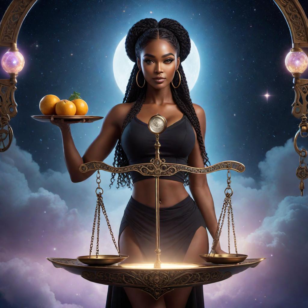  Enchanting black female holding a scale as a symbol of balance in the sign of Libra zodiac, lofi fantasy style. The character should have a harmonious and balanced appearance, with soft, dreamy, and relaxed lofi elements. Include celestial or cosmic background details to create an enchanting atmosphere. hyperrealistic, full body, detailed clothing, highly detailed, cinematic lighting, stunningly beautiful, intricate, sharp focus, f/1. 8, 85mm, (centered image composition), (professionally color graded), ((bright soft diffused light)), volumetric fog, trending on instagram, trending on tumblr, HDR 4K, 8K