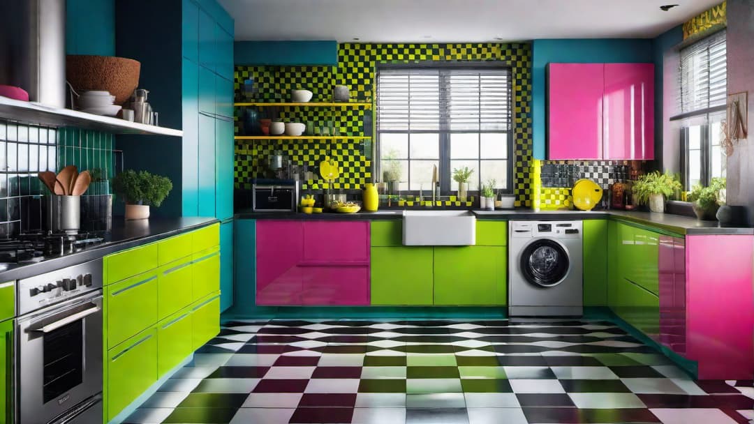  Create an image of an 80s retro kitchen with neon colors and bold geometric patterns. The central element should be neon pink cabinets and electric blue countertops. Include abstract geometric wallpaper in bright neon hues on the walls, retro appliances in neon green and yellow, and black and white checkered flooring. The atmosphere should exude a playful and nostalgic retro feel. hyperrealistic, full body, detailed clothing, highly detailed, cinematic lighting, stunningly beautiful, intricate, sharp focus, f/1. 8, 85mm, (centered image composition), (professionally color graded), ((bright soft diffused light)), volumetric fog, trending on instagram, trending on tumblr, HDR 4K, 8K