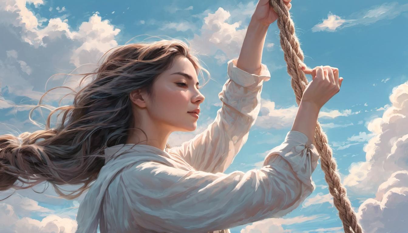  digital illustration, 1woman, gently releasing her grip on, a frayed rope, looking serene, sky with soft hues, detachment, surrender, skyward, letting go, calm, looking at viewer, dynamic pose, (intricate details, masterpiece, best quality)