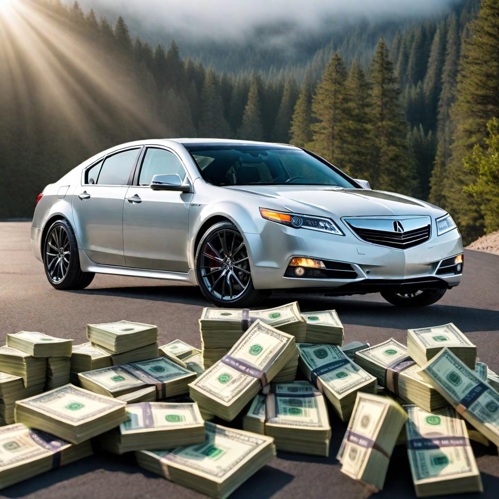  A fat person holding $5,000 in cash, standing next to a black 2013 Acura TL. The person has a confident and happy expression. hyperrealistic, full body, detailed clothing, highly detailed, cinematic lighting, stunningly beautiful, intricate, sharp focus, f/1. 8, 85mm, (centered image composition), (professionally color graded), ((bright soft diffused light)), volumetric fog, trending on instagram, trending on tumblr, HDR 4K, 8K