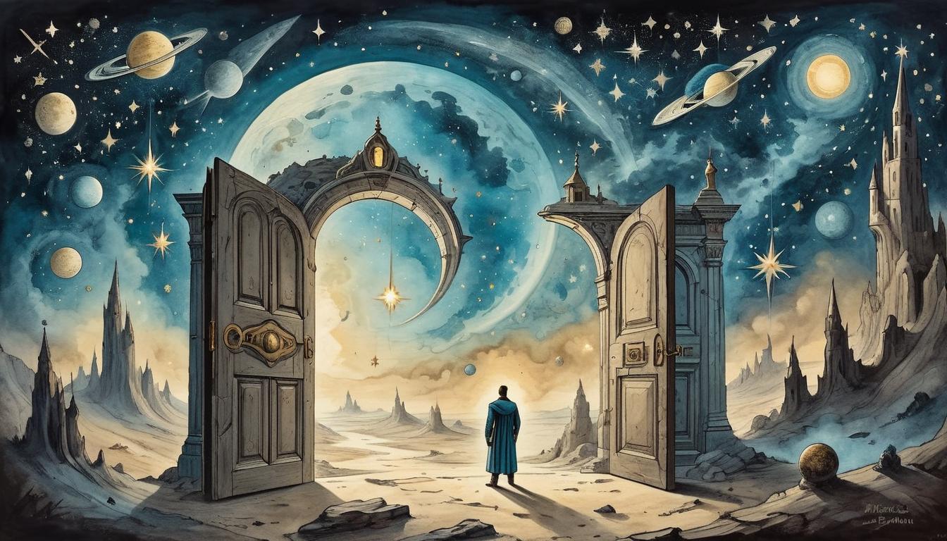  on parchment, surrealism+++, A cosmic landscape with diverse elements: falling stars, doors opening in space, figures emerging from shadows, symbolic of varied opportunities, boundless possibilities, celestial beauty(mysterious, provocative, symbolic,muted color)+++