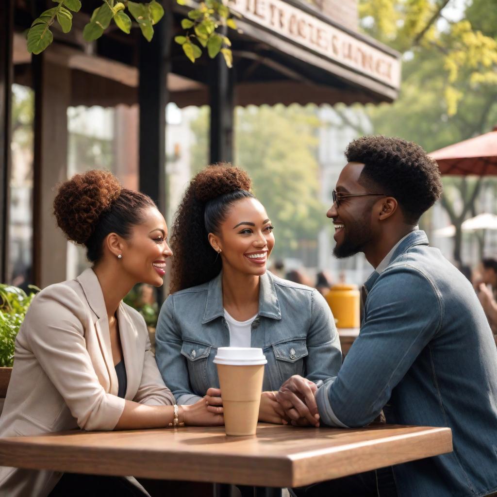  An illustration of five mixed-race people engaged in a lively conversation. The first person is a Chinese-black individual, the second is a blonde Japanese-mixed person, and the third is a dark brown person with African heritage. They are all standing in a casual, friendly group, with expressions of interest and engagement on their faces. The background is a neutral urban setting, perhaps a coffee shop or city park, with warm and inviting tones. hyperrealistic, full body, detailed clothing, highly detailed, cinematic lighting, stunningly beautiful, intricate, sharp focus, f/1. 8, 85mm, (centered image composition), (professionally color graded), ((bright soft diffused light)), volumetric fog, trending on instagram, trending on tumblr, HDR 4K, 8K