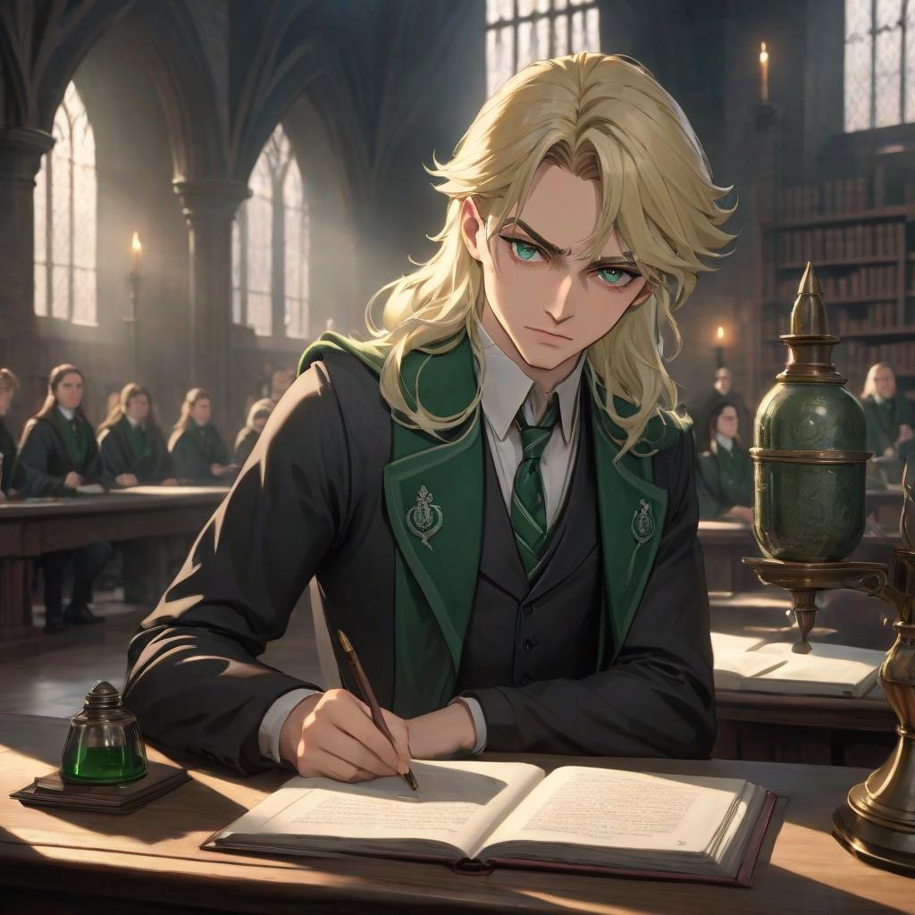  Slytherin student, blond, slender, sharp facial features (pointed nose), (sharp chin), (smooth skin). Angry, displeased. Aristocrat, wealthy. Background: Potions classroom, (Hogwarts), (beautiful lighting), (play of light). hyperrealistic, full body, detailed clothing, highly detailed, cinematic lighting, stunningly beautiful, intricate, sharp focus, f/1. 8, 85mm, (centered image composition), (professionally color graded), ((bright soft diffused light)), volumetric fog, trending on instagram, trending on tumblr, HDR 4K, 8K