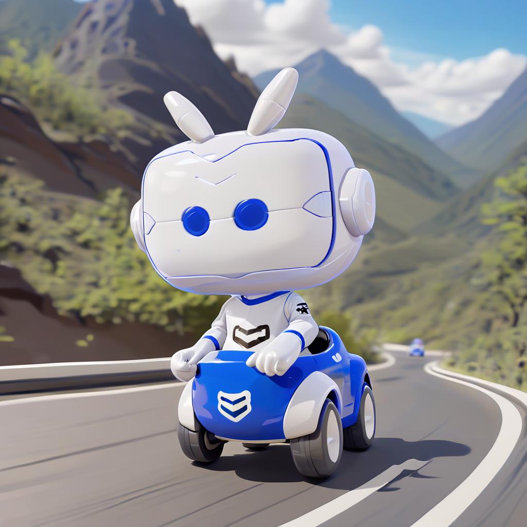  anxiaozhi,a cute white robot with white mask wears racing uniform,(drive a racing cartoon blue car:1.5),On the winding mountain road.