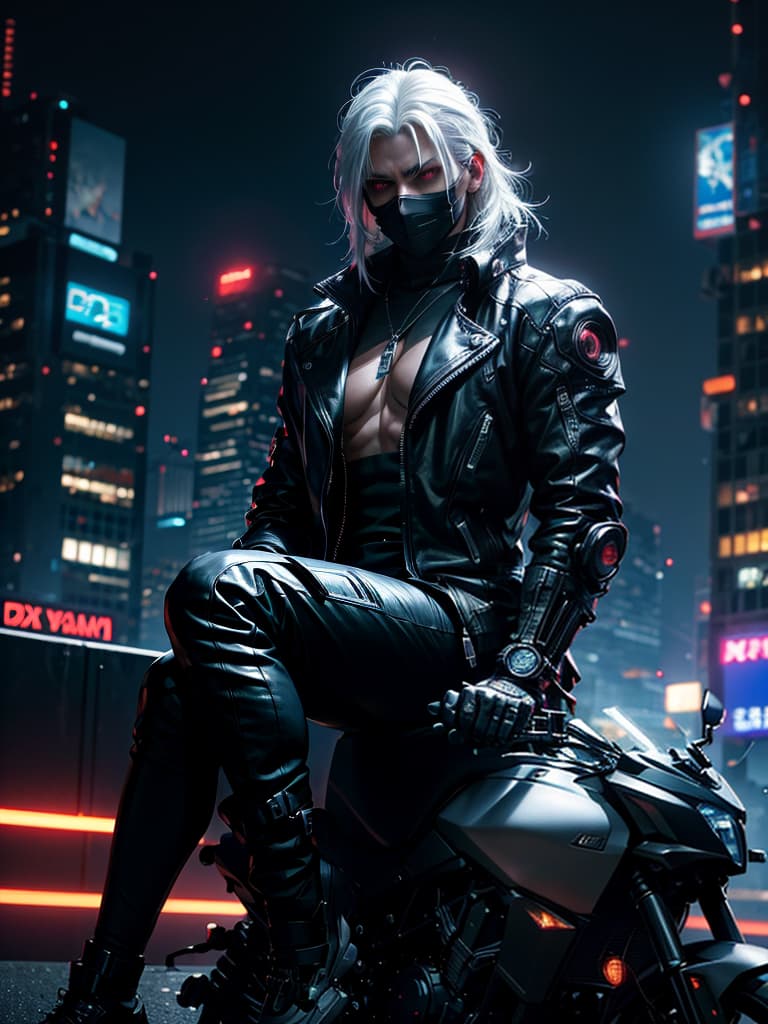  "dark theme :: closeup face focus, ultra realistic futuristic cyberpunk muscular male white hair sitting :: cyberpunk face (cyber eyes) :: cool cybernetic punk jacket red neon eyes :: shirtless:: mechanical intricate mask :: natural lighting :: bokeh :: 8k :: best quality :: masterpiece :: futuristic cityscape background" hyperrealistic, full body, detailed clothing, highly detailed, cinematic lighting, stunningly beautiful, intricate, sharp focus, f/1. 8, 85mm, (centered image composition), (professionally color graded), ((bright soft diffused light)), volumetric fog, trending on instagram, trending on tumblr, HDR 4K, 8K