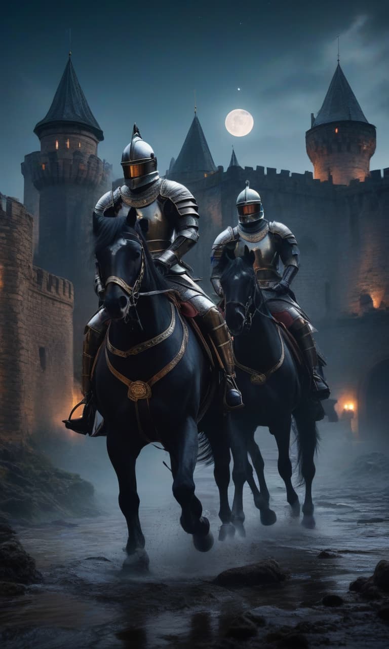  atmospheric castle fortress, knight squad on horses, clear depiction of details, celestial rotation, moon, double exposure, ensemble, astronomical whirlpool, painting, high resolution, beautifully, frame aesthetics, depth of field, many details, dark tones, bright colors, hyperrealistic, ultra HD, fantasy art,, 30mm lens, 1/250s, f/2.8, ISO 100, 4k hyperrealistic, full body, detailed clothing, highly detailed, cinematic lighting, stunningly beautiful, intricate, sharp focus, f/1. 8, 85mm, (centered image composition), (professionally color graded), ((bright soft diffused light)), volumetric fog, trending on instagram, trending on tumblr, HDR 4K, 8K