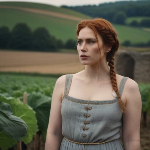  Cinematic Film Still, Medieval \(setting\), beautiful peasant woman, auburn hair, short braid hairstyle, pale skin, [light freckles], outdoors, picking crops, field, gloomy, overcast, cool color temperature, detailed skin texture, wearing soft linen Chemise, dramatic, dirty, castle wall in background, solo, cinematic lighting, muted color palette, shadow, 50mm, F/5.6 lens, ISO 1000, (extremely detailed), grim, gritty, Movie Still from Kingdom Come hyperrealistic, full body, detailed clothing, highly detailed, cinematic lighting, stunningly beautiful, intricate, sharp focus, f/1. 8, 85mm, (centered image composition), (professionally color graded), ((bright soft diffused light)), volumetric fog, trending on instagram, trending on tumblr, HDR 4K, 8K