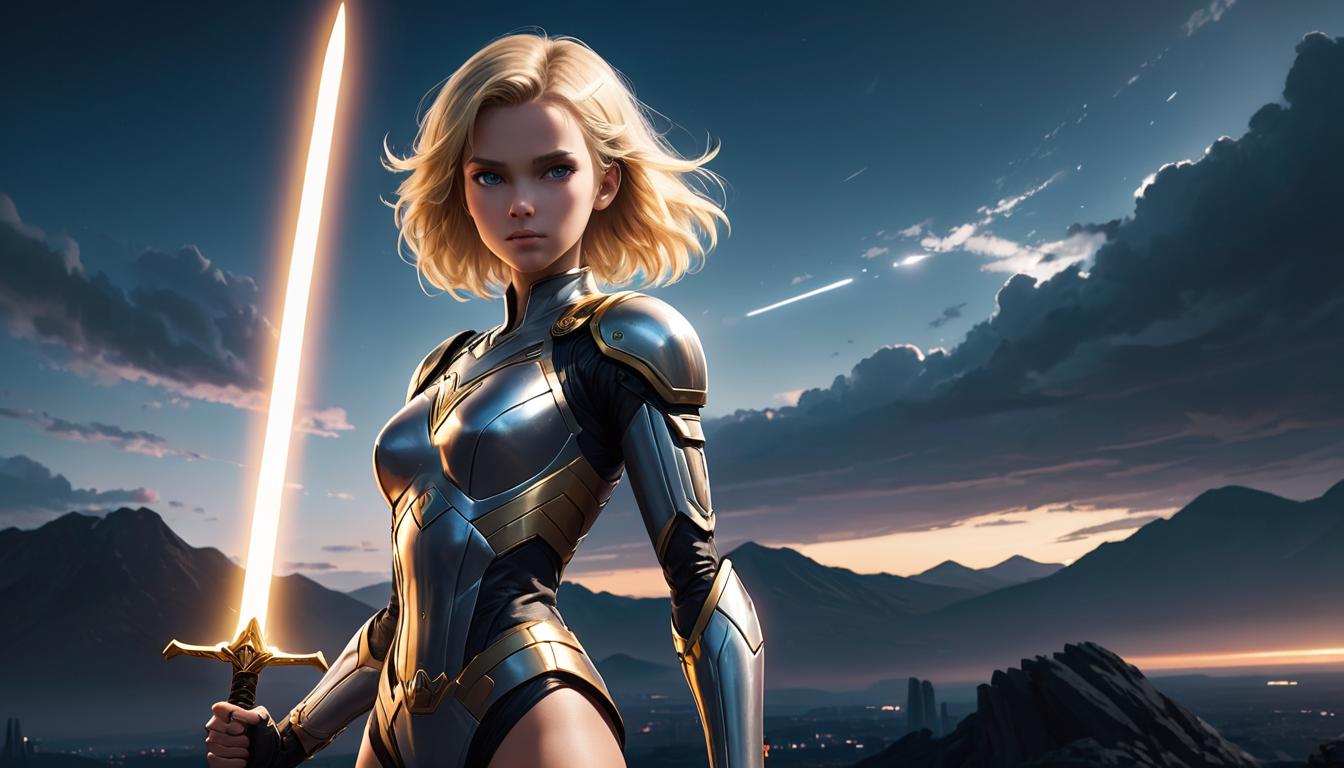  1girl, large busted blonde arian female humanoid, wielding a sword of light, confident stance, star filled sky, high tech clothing clad in sleek, futuristic costume with metallic accents and form fitting designs, marvel superhero comics style, unreal engine rendering