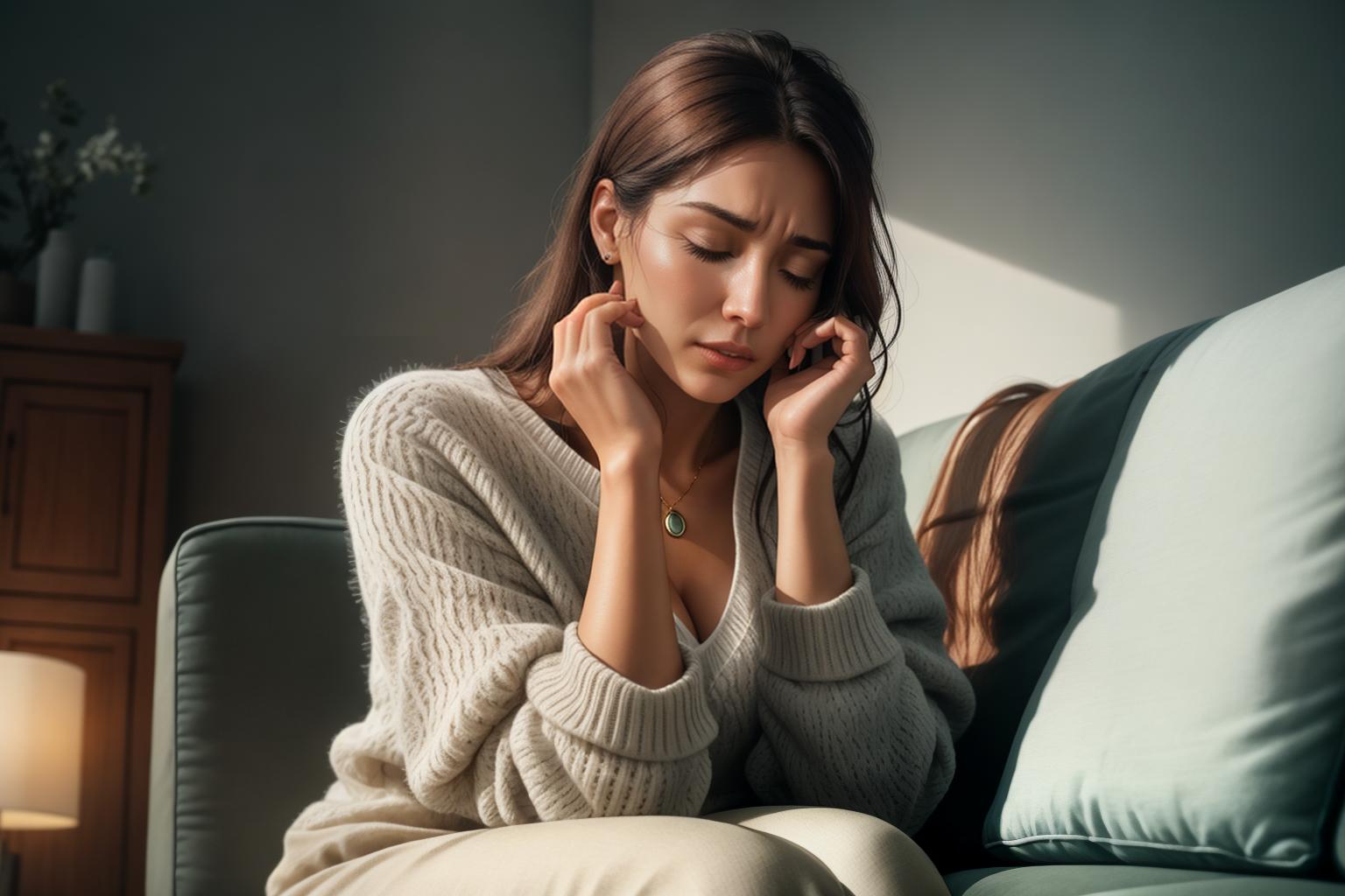  "Close up of a young woman in her late 20s, sitting in a dimly lit, cozy living room. She is holding her head with one hand, eyes closed, showing clear signs of pain and discomfort. The background features a soft couch and a coffee table with a glass of water and a bottle of pain relief medication. The lighting is warm but subdued, emphasizing her struggle with a migraine. The image is highly detailed and realistic, capturing the texture of her skin and the subtle expressions of pain on her face. The focus remains on her, with the background elements subtly enhancing the context without distracting."Ensure no face,leg,hand or eye defomities.Ensure all images are clear, detailed, contains no text and no deformities. realistic, highly detaile hyperrealistic, full body, detailed clothing, highly detailed, cinematic lighting, stunningly beautiful, intricate, sharp focus, f/1. 8, 85mm, (centered image composition), (professionally color graded), ((bright soft diffused light)), volumetric fog, trending on instagram, trending on tumblr, HDR 4K, 8K