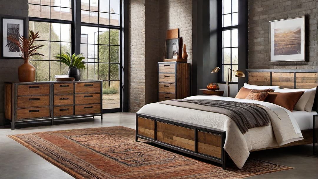  Generate an image of an industrial chic bedroom with a modern urban flair. The central focus should be on a sturdy <strong>industrial bed frame</strong> with a <strong>metal headboard</strong>. Incorporate <strong>industrial style bedroom decor</strong> like exposed brick walls and minimalist artwork. Include a mix of <strong>industrial decor</strong> such as metal accents, reclaimed wood furniture, and a vintage inspired rug. The color scheme should blend warm earth tones with bold industrial hues for a stylish and harmonious look. hyperrealistic, full body, detailed clothing, highly detailed, cinematic lighting, stunningly beautiful, intricate, sharp focus, f/1. 8, 85mm, (centered image composition), (professionally color graded), ((bright soft diffused light)), volumetric fog, trending on instagram, trending on tumblr, HDR 4K, 8K