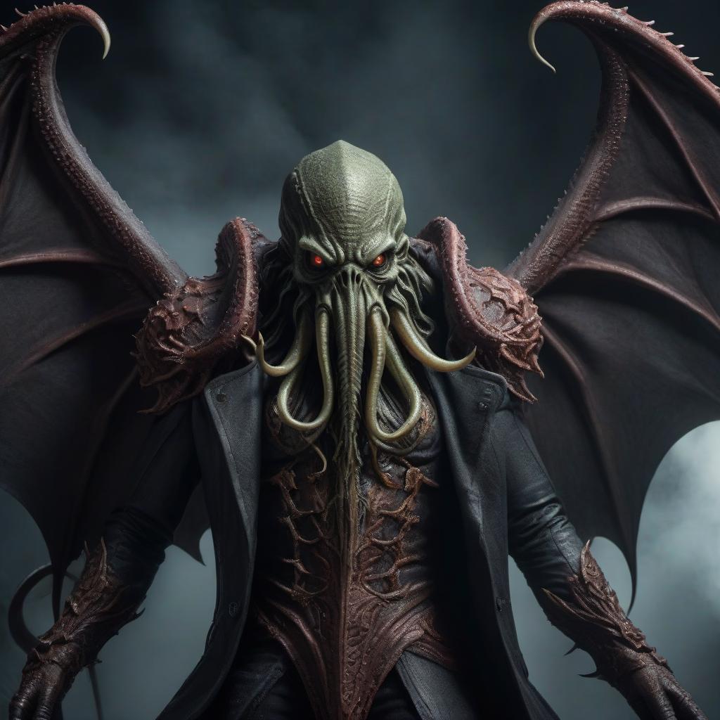  macabre style Cthulhu . dark, gothic, grim, haunting, highly detailed hyperrealistic, full body, detailed clothing, highly detailed, cinematic lighting, stunningly beautiful, intricate, sharp focus, f/1. 8, 85mm, (centered image composition), (professionally color graded), ((bright soft diffused light)), volumetric fog, trending on instagram, trending on tumblr, HDR 4K, 8K