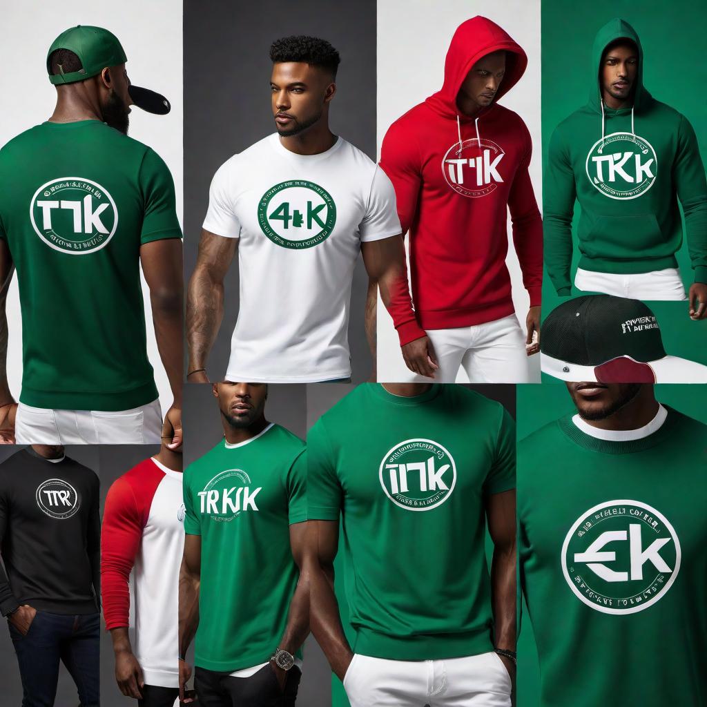  Logo concepts for a clothing brand named 'Trigshot4k' incorporating the colors green, red, and white. The design should convey a modern and stylish look suitable for a trendy clothing brand. Provide multiple variations in style, layout, and typography. hyperrealistic, full body, detailed clothing, highly detailed, cinematic lighting, stunningly beautiful, intricate, sharp focus, f/1. 8, 85mm, (centered image composition), (professionally color graded), ((bright soft diffused light)), volumetric fog, trending on instagram, trending on tumblr, HDR 4K, 8K