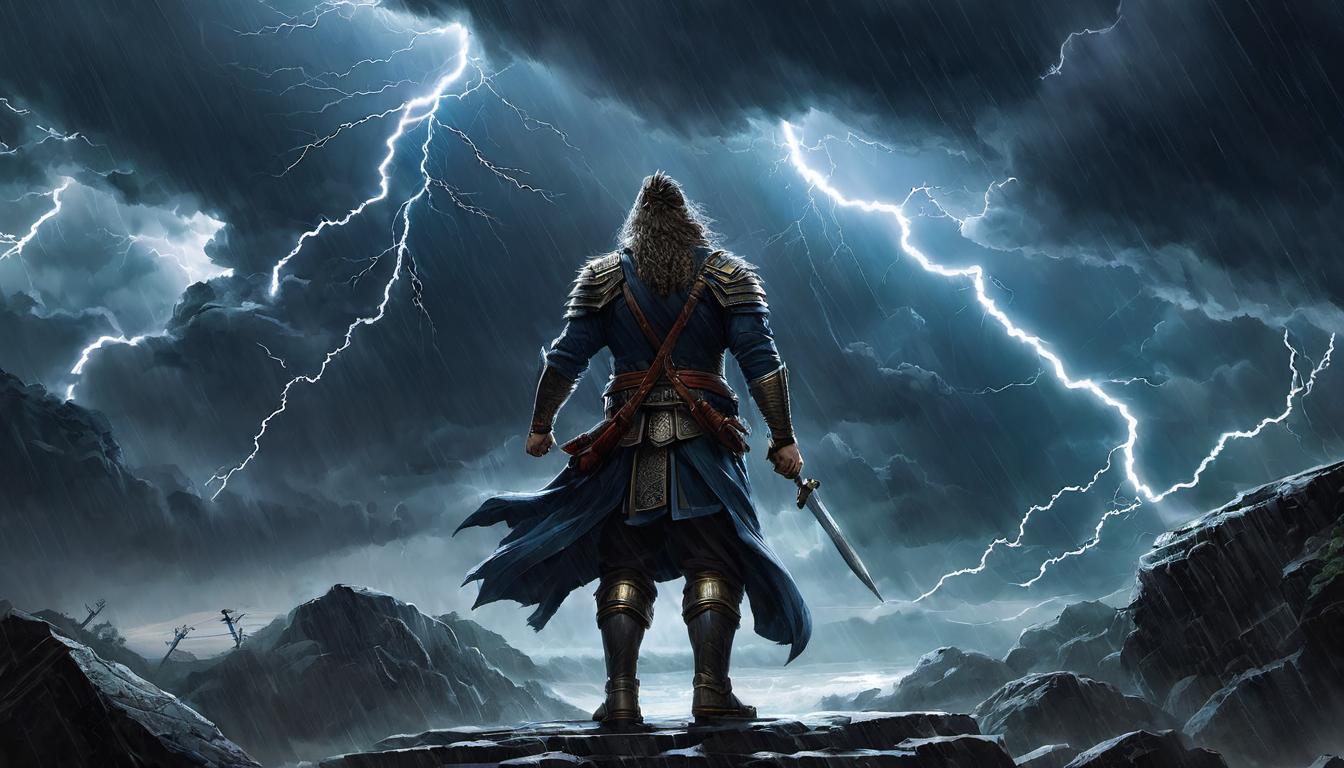  digital painting of Nimrod standing defiantly, arms raised toward stormy sky, bolts of lightning, colossal figure, intimidating, rebellious looking at viewer, dynamic pose, (intricate details, masterpiece, best quality)