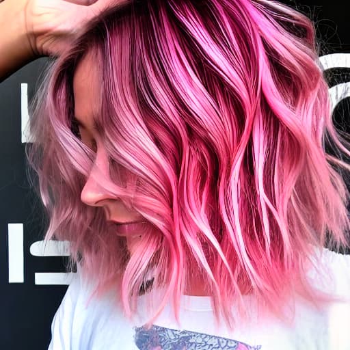  Short, wavy, Pink hair