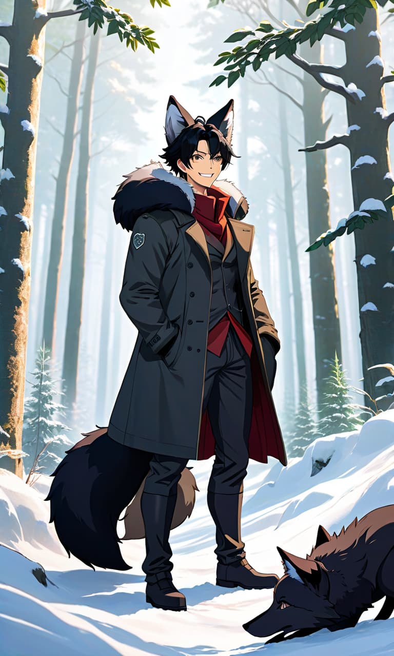  anime artwork A man with black hair, black fox ears, and a black fox tail of robust build is smiling in front of a winter forest. . anime style, key visual, vibrant, studio anime, highly detailed hyperrealistic, full body, detailed clothing, highly detailed, cinematic lighting, stunningly beautiful, intricate, sharp focus, f/1. 8, 85mm, (centered image composition), (professionally color graded), ((bright soft diffused light)), volumetric fog, trending on instagram, trending on tumblr, HDR 4K, 8K