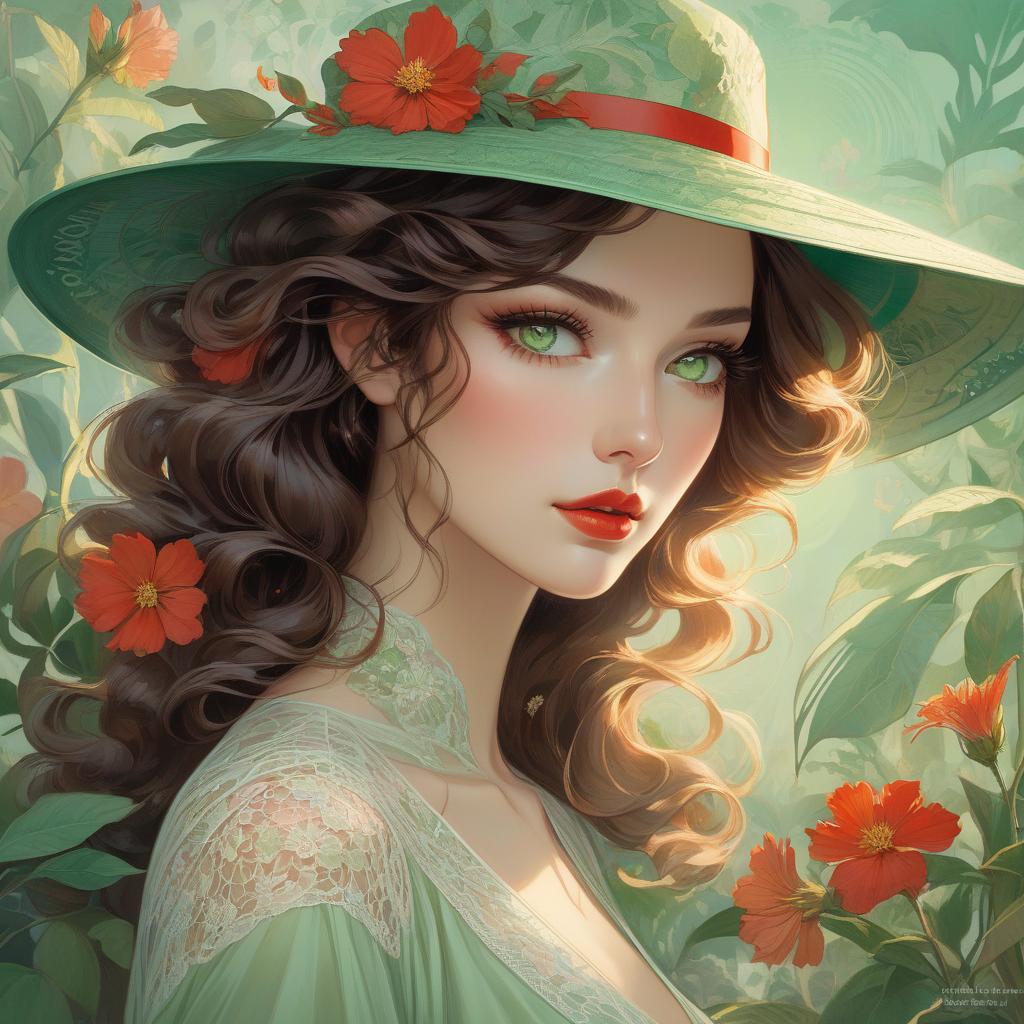  concept art A digital artwork of a woman with green eyes, wavy hair, wearing a broad brimmed hat adorned with a flower, set against a colorful backdrop. Art deco masterpiece by legendary artists that include vlop, Victo Ngai, Annigoni, Milo Manara, Botticelli, Catrin Welz Stein, Jean Metzinger, Gustav Klimt, image of a young woman with a fair complexion and soft facial features. She has charming almond shaped hazel eyes and full lips that add to her serene expression. Her wavy, dark brown hair falls gracefully under a wide brimmed, light green hat decorated with intricate lace patterns and a delicate red flower. The background merges with her form in a dreamy watercolor blend of green, red and hints of yellow, suggesting a mix of floral and hyperrealistic, full body, detailed clothing, highly detailed, cinematic lighting, stunningly beautiful, intricate, sharp focus, f/1. 8, 85mm, (centered image composition), (professionally color graded), ((bright soft diffused light)), volumetric fog, trending on instagram, trending on tumblr, HDR 4K, 8K