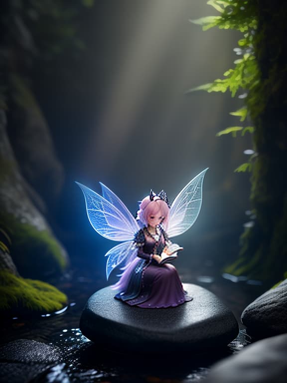  3D visualization, Unreal Engine, fantasy, (magic light: 0.1), (chibi) miniature, little pixie fairy in full frame in a gothic dress, sitting on a stone and reading a kiga, chibi style hyperrealistic, full body, detailed clothing, highly detailed, cinematic lighting, stunningly beautiful, intricate, sharp focus, f/1. 8, 85mm, (centered image composition), (professionally color graded), ((bright soft diffused light)), volumetric fog, trending on instagram, trending on tumblr, HDR 4K, 8K