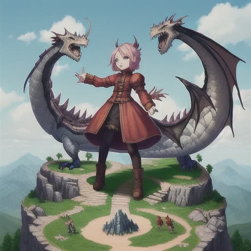  Big dragons on a hill and fantasy with a small girl standing