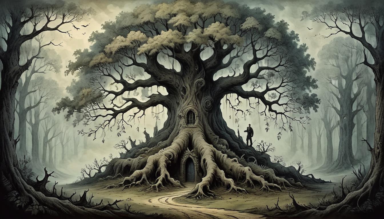  on parchment, surrealism+++, Unyielding tree, deep roots, stable trunk, darkened forest, sense of resilience and strength(mysterious, provocative, symbolic,muted color)+++