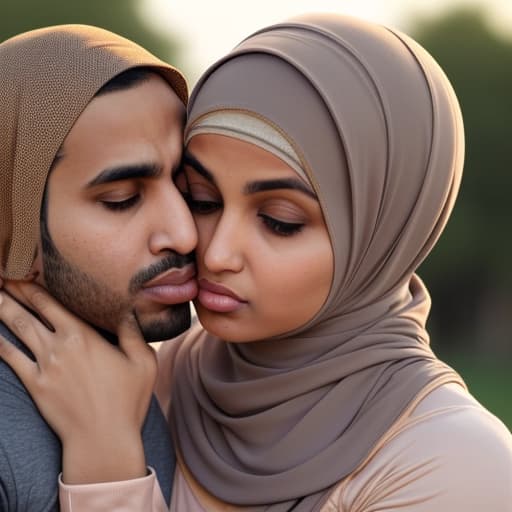  A Muslim who is wearing a sports and yoga pants and a light brown hijab she starts to her male husband on the lips romantically