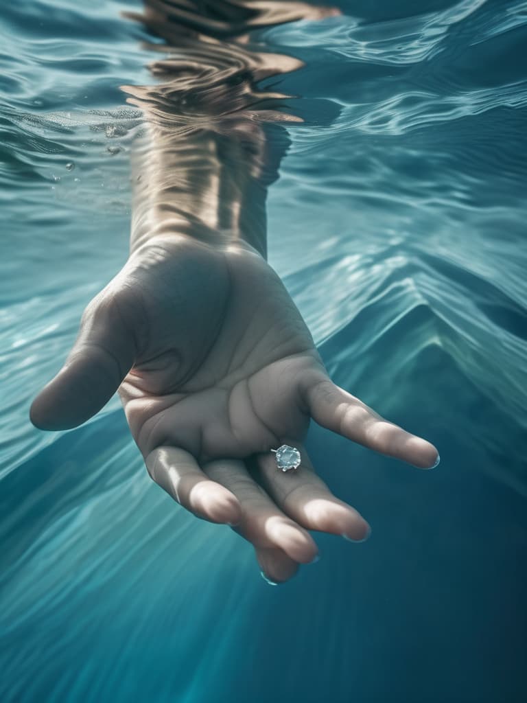  close up image of hands submerged underwater, pale skin tones, clear ripples and reflections, cool color palette with blues and whites, high contrast lighting, young adult, realism photograph, inspired by zena holloway, best quality hyperrealistic, full body, detailed clothing, highly detailed, cinematic lighting, stunningly beautiful, intricate, sharp focus, f/1. 8, 85mm, (centered image composition), (professionally color graded), ((bright soft diffused light)), volumetric fog, trending on instagram, trending on tumblr, HDR 4K, 8K