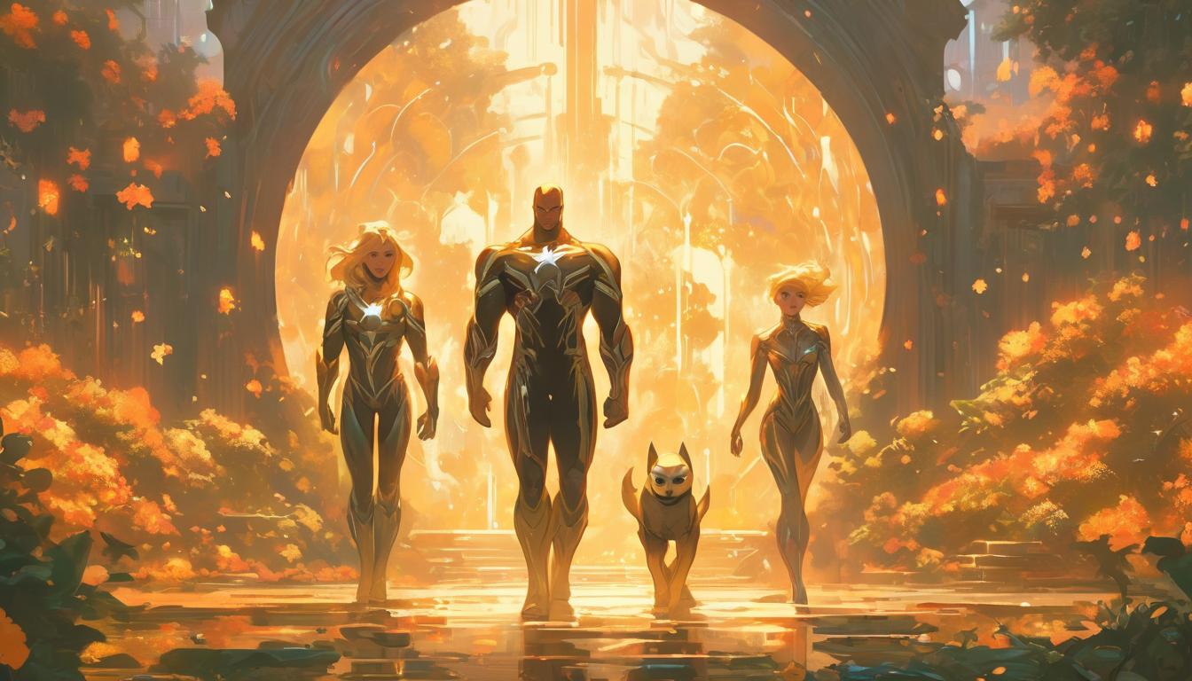  hyperrealism,fantasy aesthetic1man1woman, large busted attractive blonde arian female humanoid and handsome male humanoid, stepping through a shimmering portal, flourishing garden on the other side, high tech clothing clad in sleek, futuristic costume with metallic accents and form fitting designs, marvel superhero comics style, unreal engine rendering