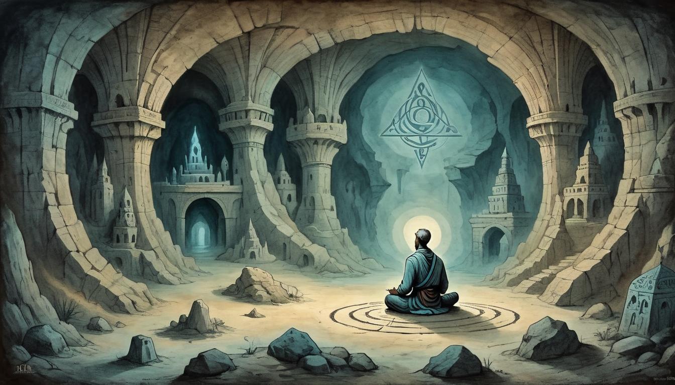  on parchment, surrealism+++, A figure meditating in a dim cave, mystical symbols floating around, cave walls textured and ancient, mysteries, self discovery(mysterious, provocative, symbolic,muted color)+++