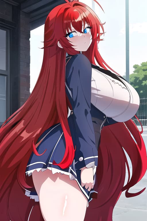  her gigantic getting ed in a short ,masterpiece, best quality, 1women, long red hair, looking at viewer, :3, cute, black uniform, outdoors, streets, cowboy shot, curvy, (((blue eyes))), rias gremory, red hair, antenna hair, wavy hair, ((beautiful detailed eyes, beautiful detailed glow, lots of glow)), anime screencap