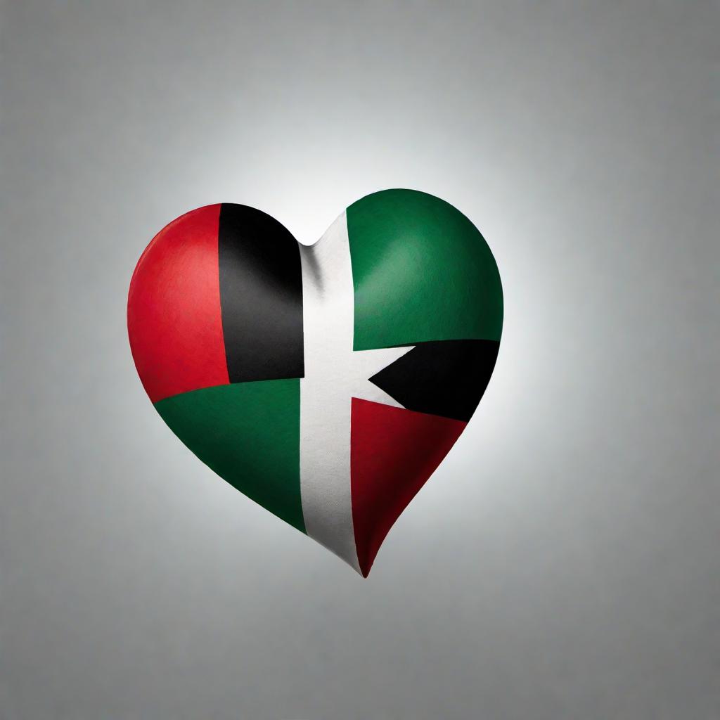  An image of a heart shape with the design of the Palestine flag incorporated. The flag's black, white, green, and red colors fill the heart in a manner that clearly showcases the flag’s design. The heart shape should look vibrant and evoke feelings of love and unity. hyperrealistic, full body, detailed clothing, highly detailed, cinematic lighting, stunningly beautiful, intricate, sharp focus, f/1. 8, 85mm, (centered image composition), (professionally color graded), ((bright soft diffused light)), volumetric fog, trending on instagram, trending on tumblr, HDR 4K, 8K