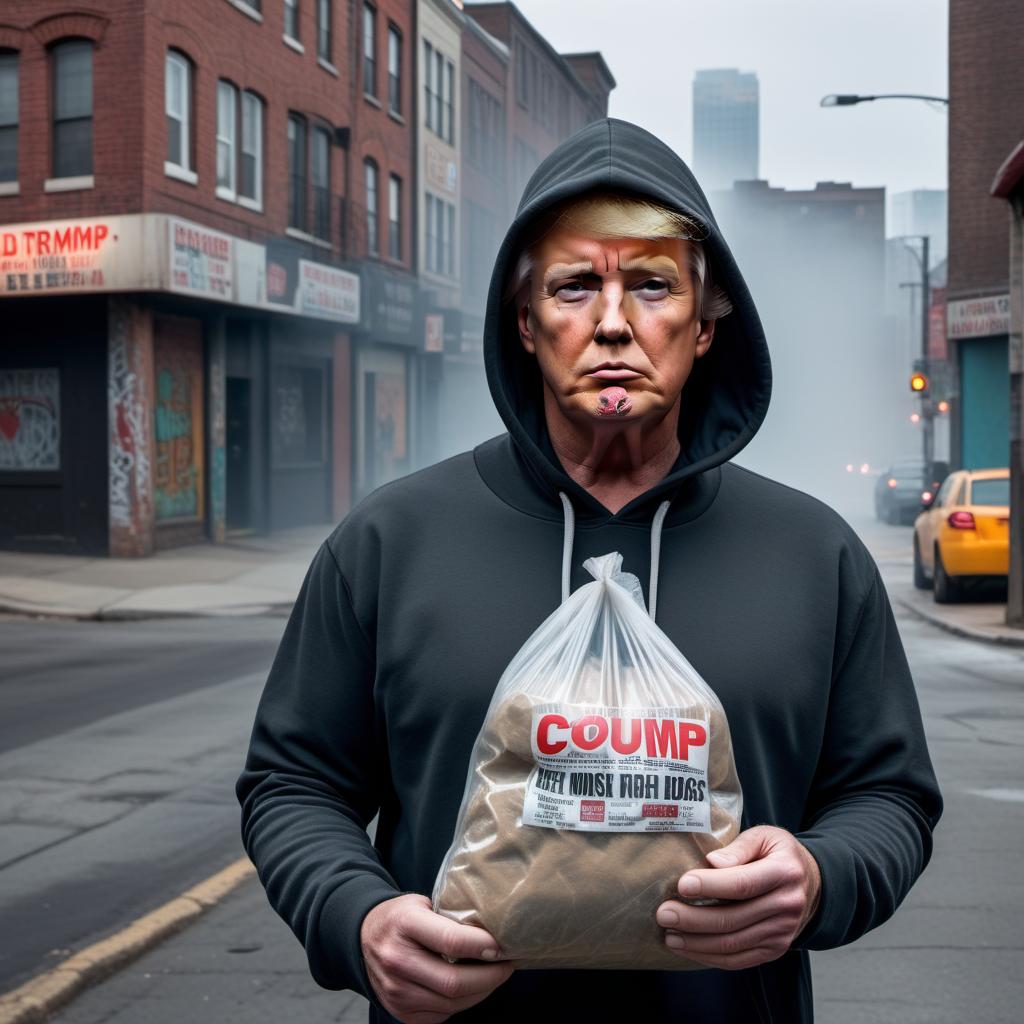  Donald Trump on a street corner selling drugs. He is wearing a hoodie and looking around suspiciously, holding a small bag of what appears to be drugs. The setting is a gritty, urban street with graffiti on the walls, and there's a streetlight casting a shadow over him. The scene should have a humorous and exaggerated feel. hyperrealistic, full body, detailed clothing, highly detailed, cinematic lighting, stunningly beautiful, intricate, sharp focus, f/1. 8, 85mm, (centered image composition), (professionally color graded), ((bright soft diffused light)), volumetric fog, trending on instagram, trending on tumblr, HDR 4K, 8K