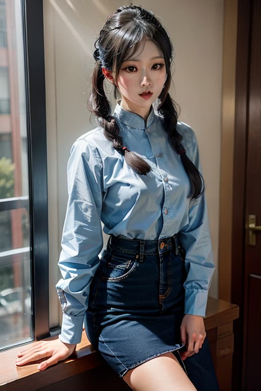  Draw a picture of a Chinese primary wearing a denim , two pigtails and a uniform. hyperrealistic, full body, detailed clothing, highly detailed, cinematic lighting, stunningly beautiful, intricate, sharp focus, f/1. 8, 85mm, (centered image composition), (professionally color graded), ((bright soft diffused light)), volumetric fog, trending on instagram, trending on tumblr, HDR 4K, 8K