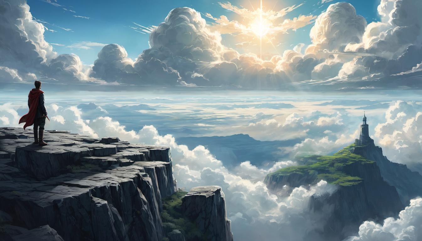  digital illustration, 1man, standing atop a high vantage point, gaze fixed on the horizon, crystal clear view of a vast landscape below, light piercing through clouds, clarity, empowerment, expansive, enlightening, looking at viewer, dynamic pose, (intricate details, masterpiece, best quality)