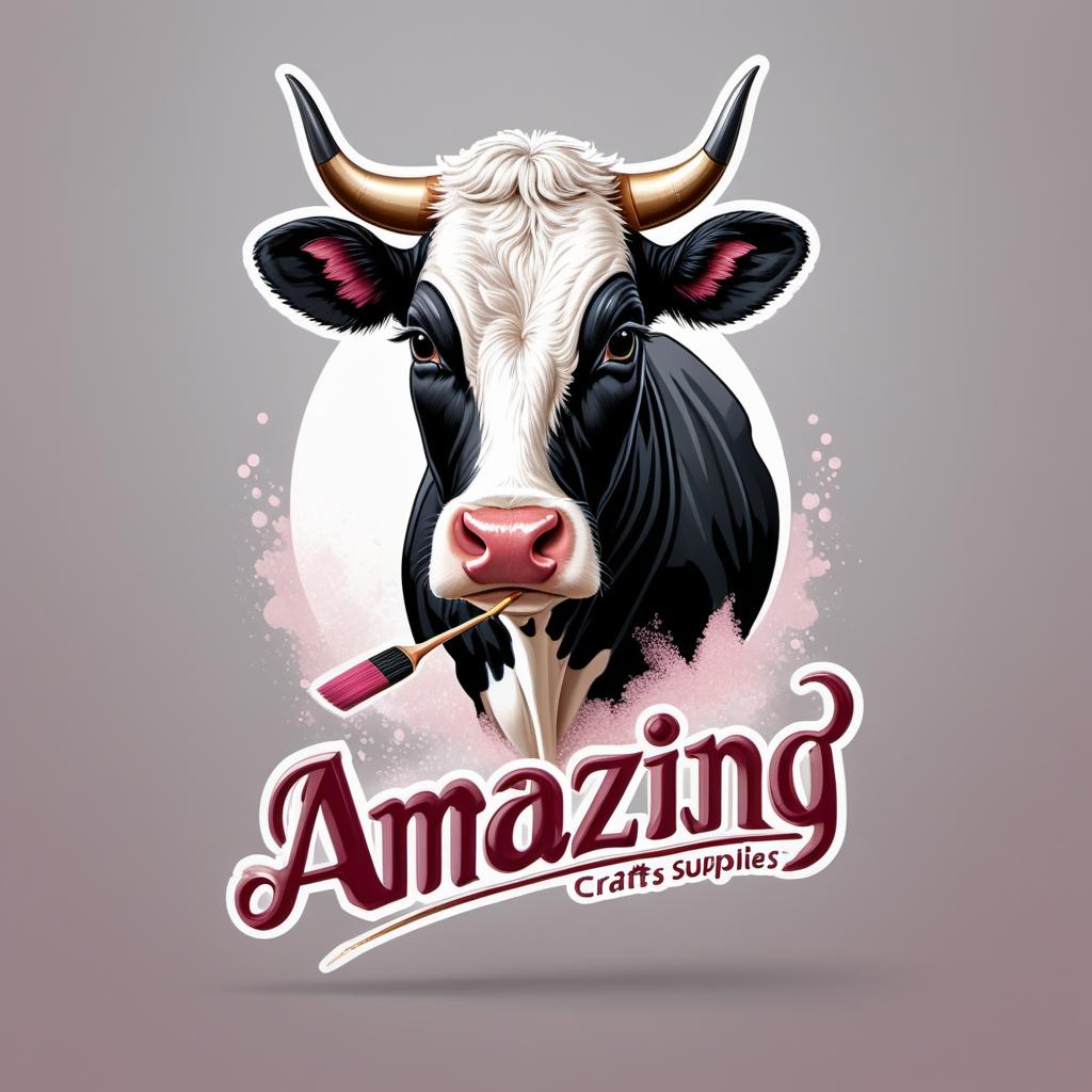  Design a funny, cartoon-style logo for 'Amayzing Crafts Supplies' featuring a black and white cow holding a paintbrush. Incorporate colors such as sparkling rose gold, burgundy, silver, and pink. Ensure the design is playful, modern, and reflects creativity and fun. hyperrealistic, full body, detailed clothing, highly detailed, cinematic lighting, stunningly beautiful, intricate, sharp focus, f/1. 8, 85mm, (centered image composition), (professionally color graded), ((bright soft diffused light)), volumetric fog, trending on instagram, trending on tumblr, HDR 4K, 8K