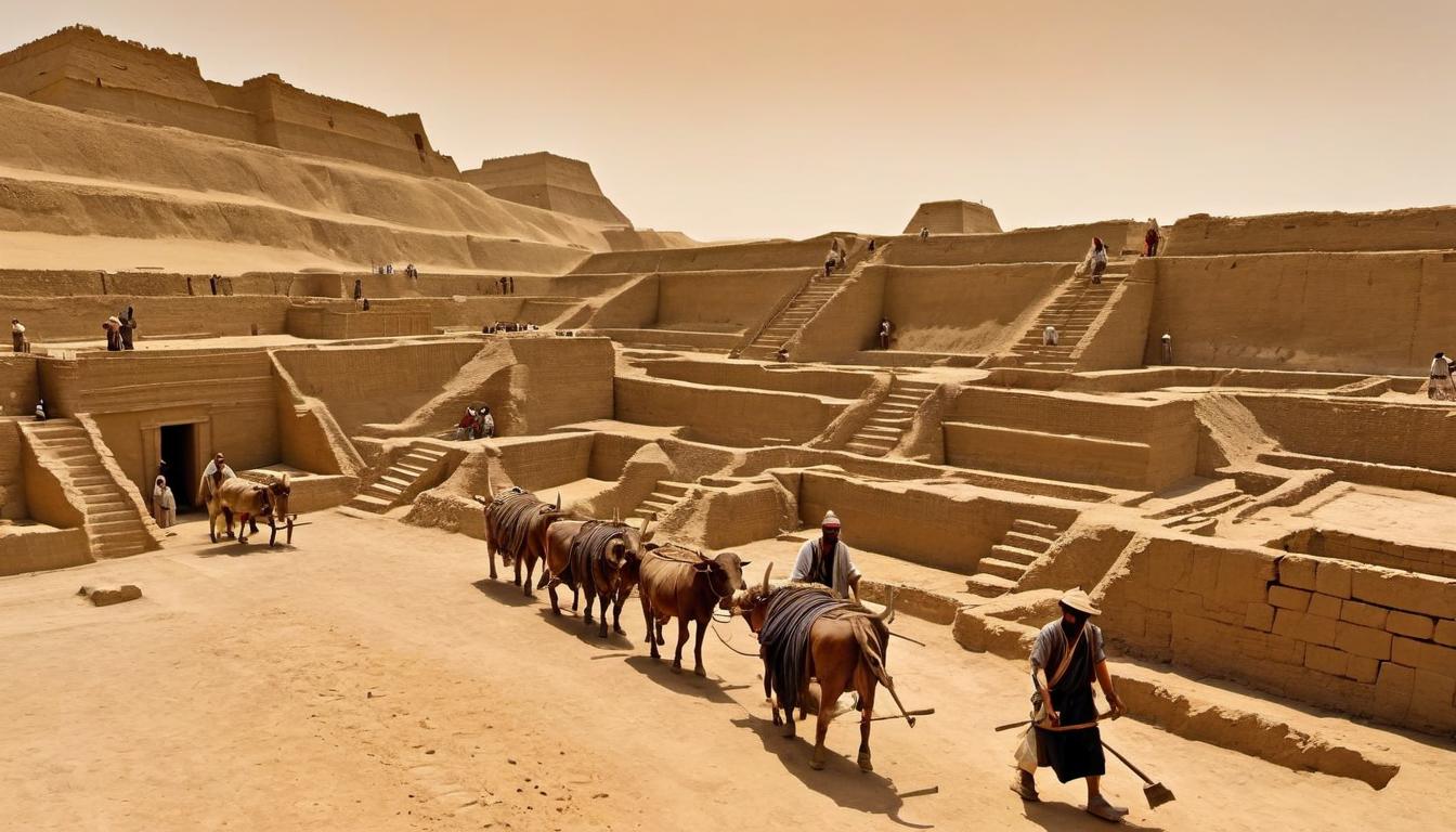  Ancient Babylonian construction workers, in linen garments, mix mud and straw to create bricks, building towering walls under the hot sun. Foremen consult clay tablets while oxen transport materials. The majestic ziggurat of Etemenanki rises in the background, amidst the sounds of chisels and Akkadian instructions.