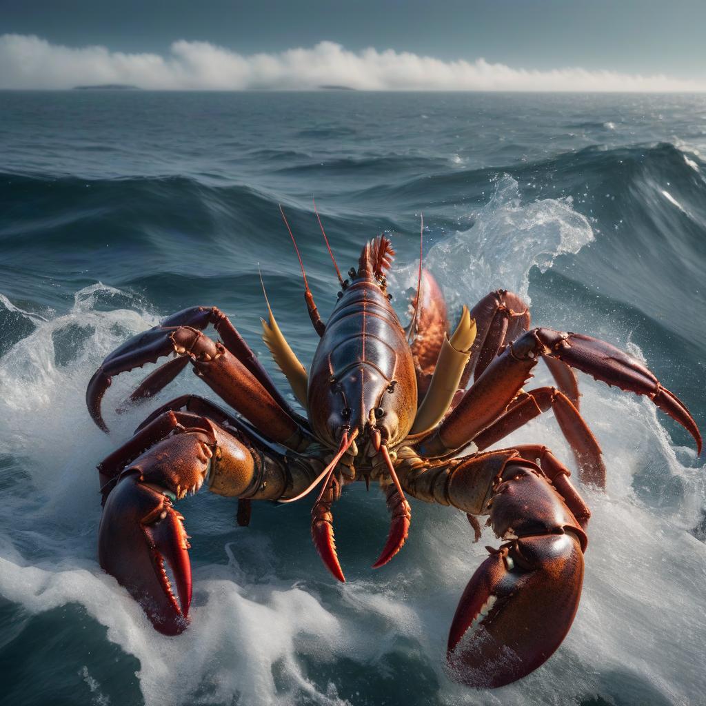  close up of a large lobster traversing the ocean, animation. hyperrealistic, full body, detailed clothing, highly detailed, cinematic lighting, stunningly beautiful, intricate, sharp focus, f/1. 8, 85mm, (centered image composition), (professionally color graded), ((bright soft diffused light)), volumetric fog, trending on instagram, trending on tumblr, HDR 4K, 8K