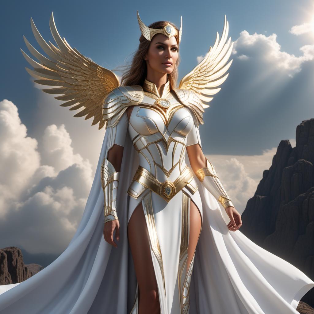  A divine superhero created by God. This character should have a glowing, ethereal aura surrounding them. They wear a celestial armor made of shimmering silver and gold, with intricate designs and symbols that represent peace and justice. Their face is radiant, with a kind and wise expression, and they have a halo above their head. They possess majestic wings made of light and energy, and they hold a powerful staff that emits a bright, divine light. The background is heavenly, with clouds and rays of sunlight shining through. hyperrealistic, full body, detailed clothing, highly detailed, cinematic lighting, stunningly beautiful, intricate, sharp focus, f/1. 8, 85mm, (centered image composition), (professionally color graded), ((bright soft diffused light)), volumetric fog, trending on instagram, trending on tumblr, HDR 4K, 8K