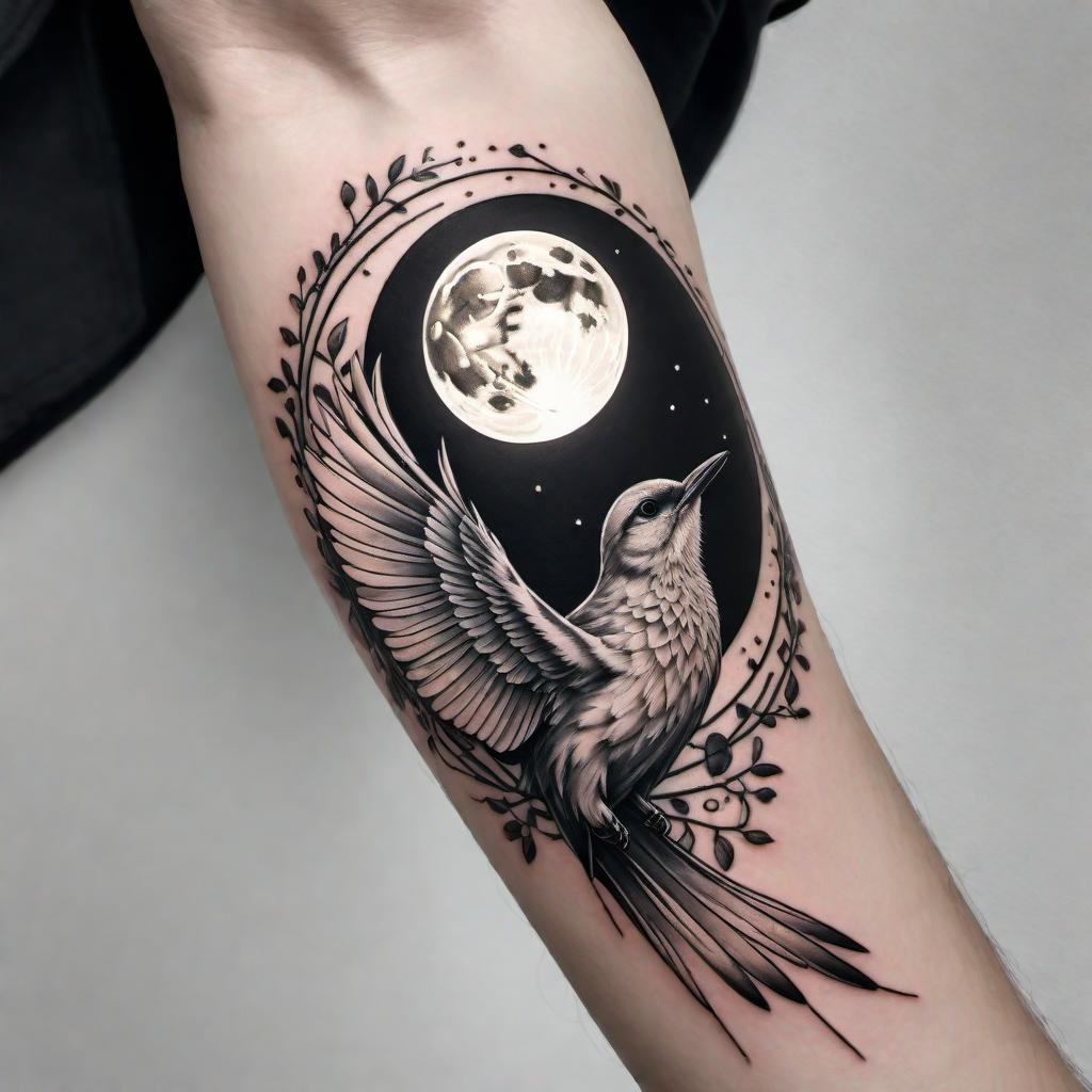  A tattoo design featuring a full moon with a hand releasing a bird upwards towards the moon. The design should be artistic and monochromatic, using black ink to create a sense of mystery and elegance. The background should be minimalistic to draw focus on the moon, bird, and hand. hyperrealistic, full body, detailed clothing, highly detailed, cinematic lighting, stunningly beautiful, intricate, sharp focus, f/1. 8, 85mm, (centered image composition), (professionally color graded), ((bright soft diffused light)), volumetric fog, trending on instagram, trending on tumblr, HDR 4K, 8K