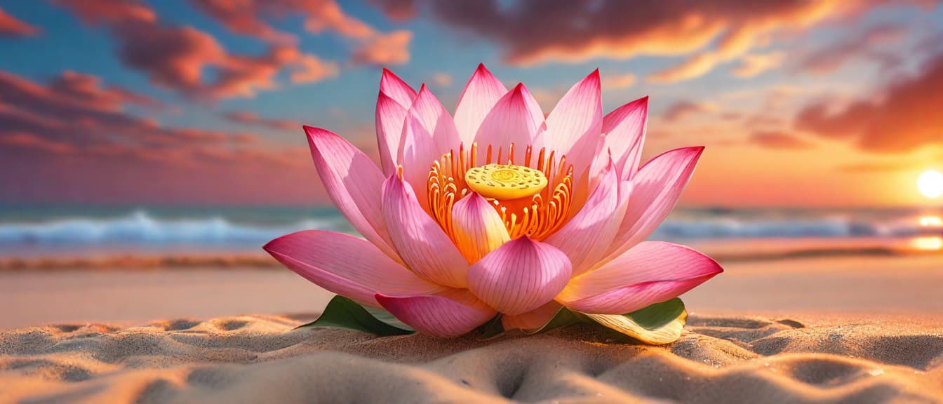  best quality, HD, Lotus on sand beach in close up with the sunset sky