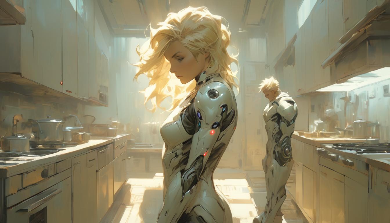  hyperrealism,fantasy aesthetic1woman, large busted attractive blonde arian female humanoid, going about daily routines in a serene ambiance, kitchen background, mood of sacred significance in the mundane, high tech clothing clad in sleek, futuristic costume with metallic accents and form fitting designs, marvel superhero comics style, unreal engine rendering