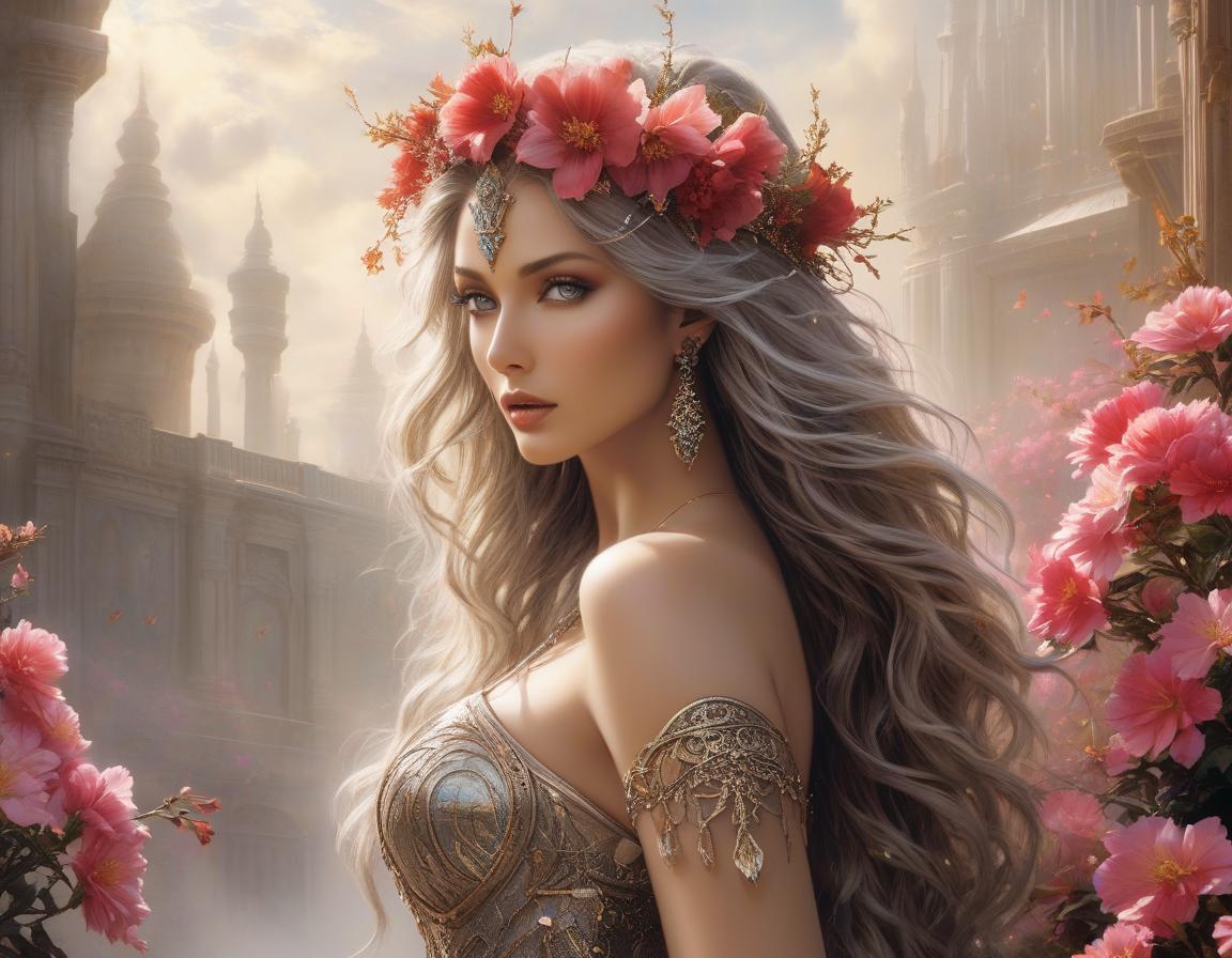  hyperrealistic art A woman with a floral crown and long wavy hair gazes away, set against a fantastic al castle and lush, blooming flowers. Envision a work of art where fantasy and reality blur—a woman stands enshrouded in a tapestry of vivid blossoms, her hair a cascade of elaborate floral designs. She dons a dress of futuristic elegance against a backdrop that whispers of the surreal, all captured in the distinctive style of Luis Royo. This digital masterpiece comes alive with brilliant hues and otherworldly illumination, creating a dreamy realm where every ornate detail contributes to an imaginative tableau . extremely high resolution details, photographic, realism pushed to extreme, fine texture, incredibly lifelike hyperrealistic, full body, detailed clothing, highly detailed, cinematic lighting, stunningly beautiful, intricate, sharp focus, f/1. 8, 85mm, (centered image composition), (professionally color graded), ((bright soft diffused light)), volumetric fog, trending on instagram, trending on tumblr, HDR 4K, 8K