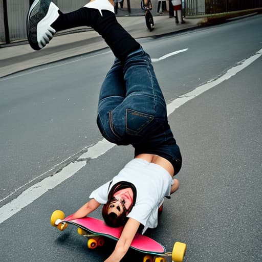  upside down chicken on a skateboard in heavy traffuc