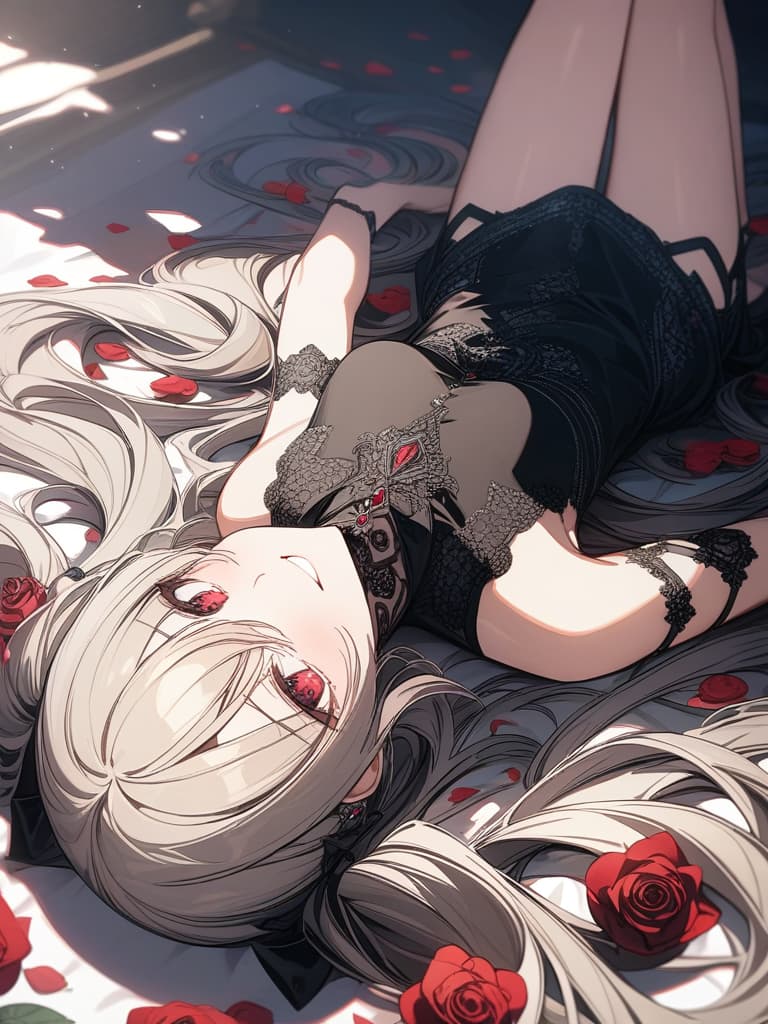  Hair colored beige, black gothic fashion, twin tails, long hair, roses are motifs, eyes are red, smiling, lying back, whole body, masterpiece, best quality,8k,ultra detailed,high resolution,an extremely delicate and beautiful,hyper detail