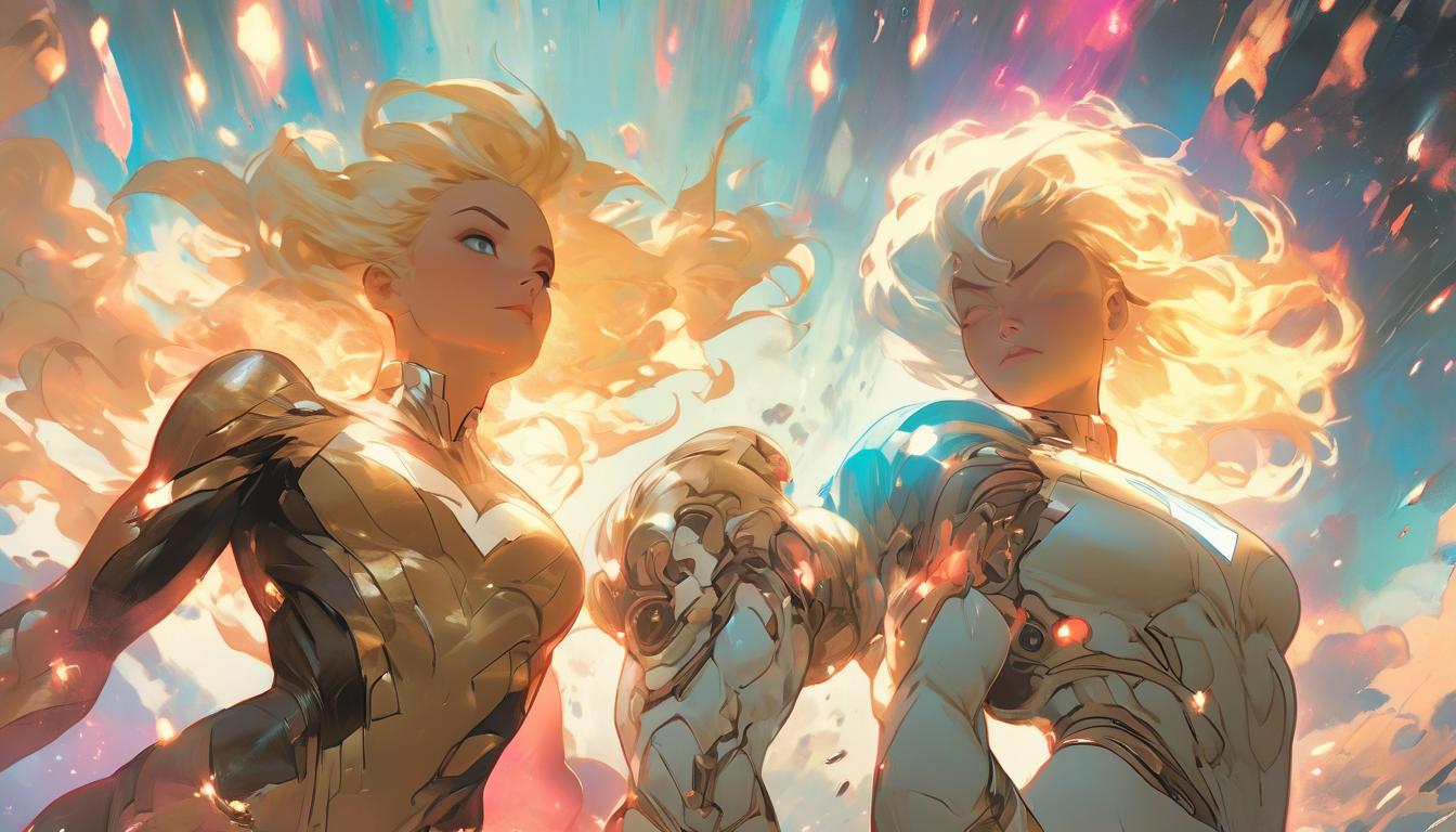  hyperrealism,fantasy aesthetic2women, large busted attractive blonde and brunette arian female humanoids, floating in space, aura of cosmic energy, deep in concentration, high tech clothing clad in sleek, futuristic costume with metallic accents and form fitting designs, marvel superhero comics style, unreal engine rendering