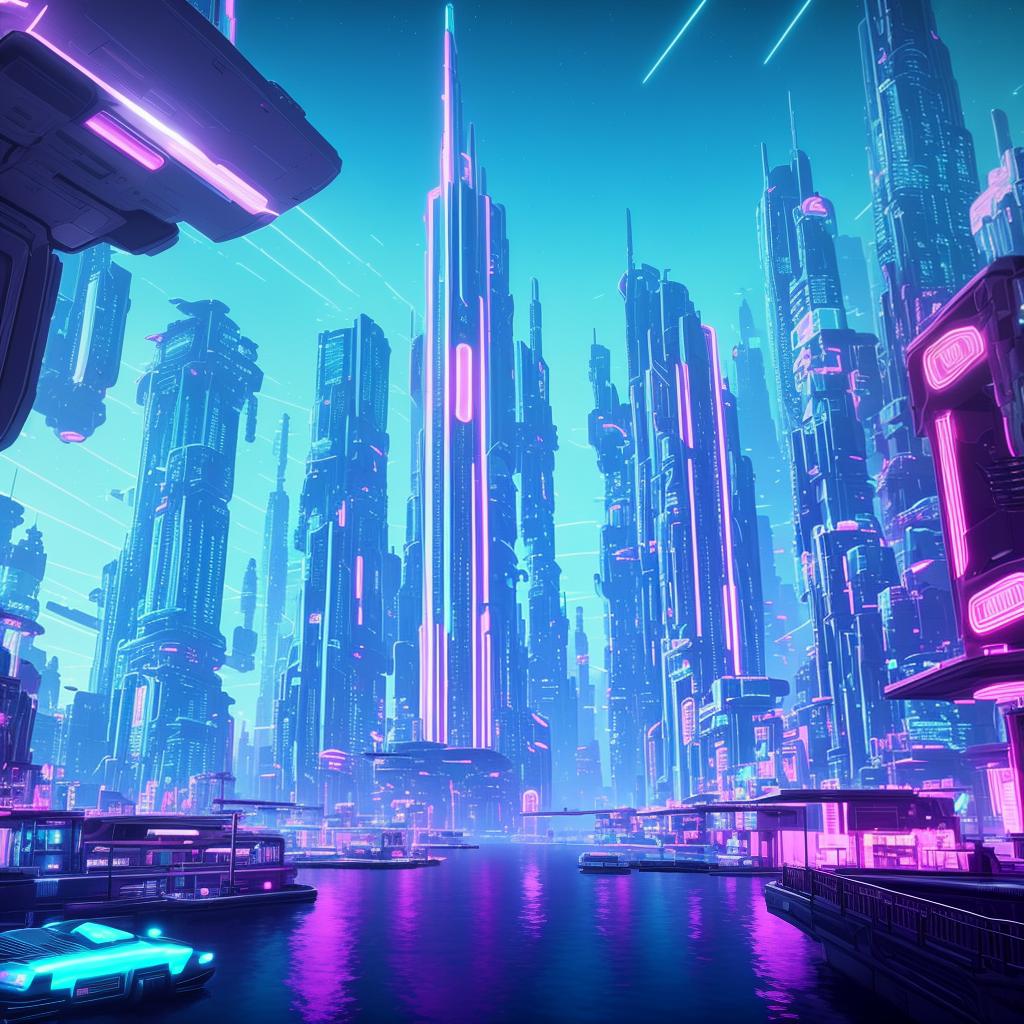  in a retrowave style, A futuristic cityscape with floating, bioluminescent trees and flying cars