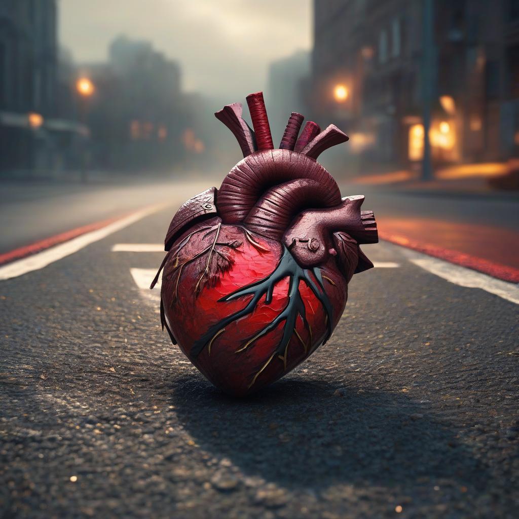  A human heart pierced by an arrow on asphalt. hyperrealistic, full body, detailed clothing, highly detailed, cinematic lighting, stunningly beautiful, intricate, sharp focus, f/1. 8, 85mm, (centered image composition), (professionally color graded), ((bright soft diffused light)), volumetric fog, trending on instagram, trending on tumblr, HDR 4K, 8K