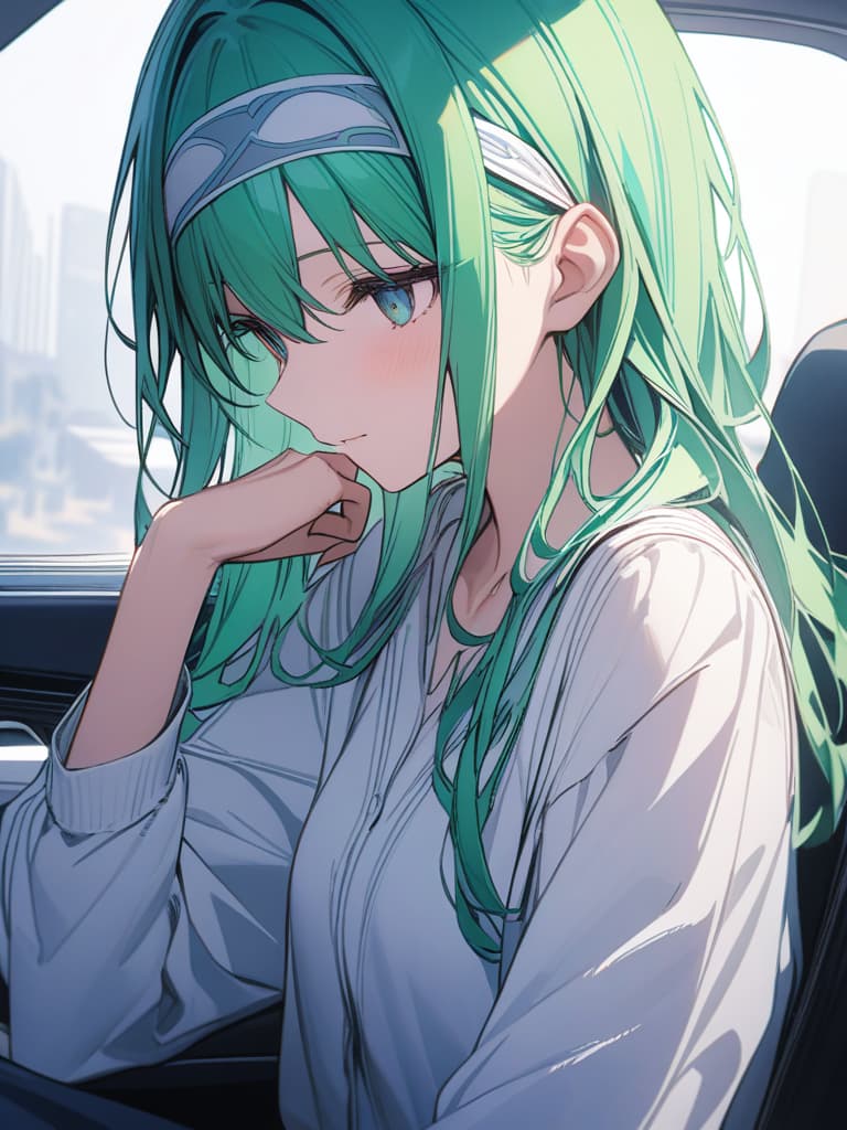  Green hair character raising bangs with a headband, masterpiece, best quality,8k,ultra detailed,high resolution,an extremely delicate and beautiful,hyper detail