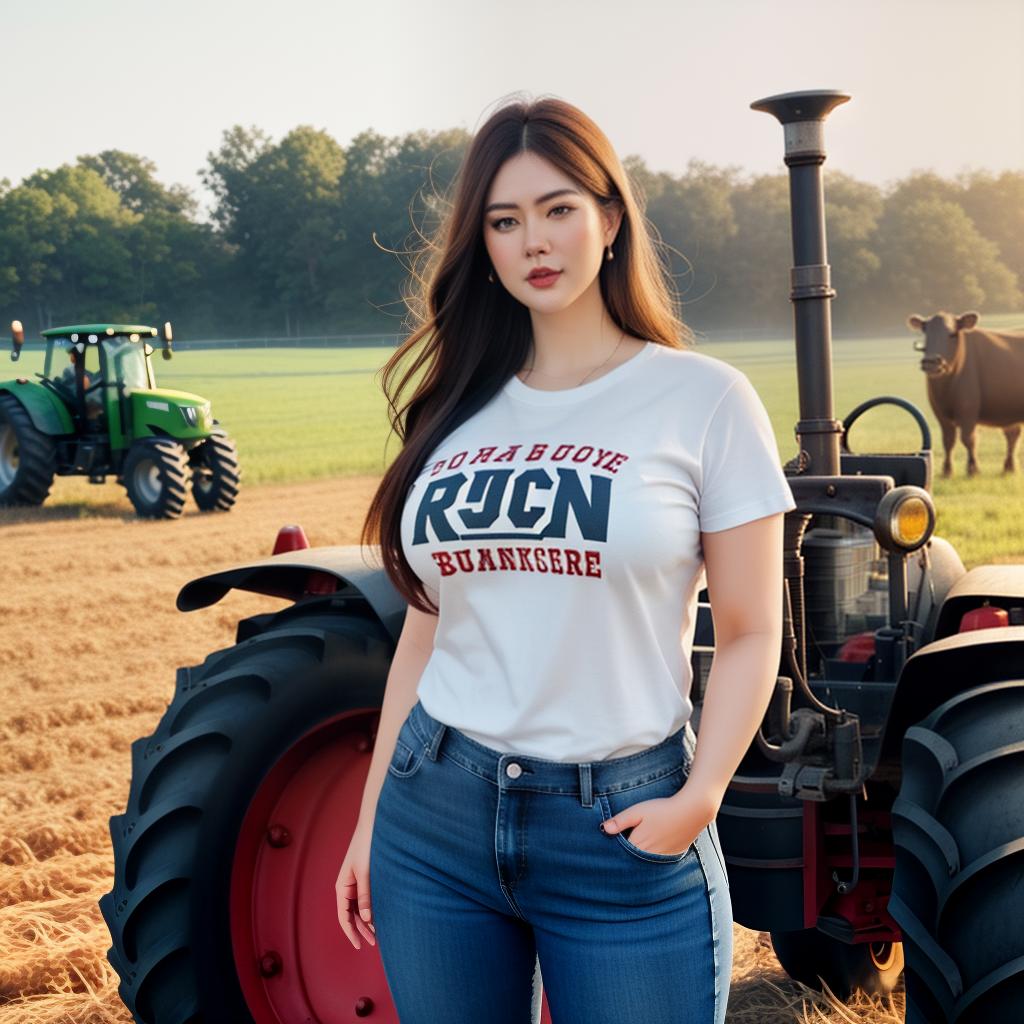  Chubby American girl in tshirt and jeans portrait at farm, bulls in Background, Tractor in background, Clean face details hyperrealistic, full body, detailed clothing, highly detailed, cinematic lighting, stunningly beautiful, intricate, sharp focus, f/1. 8, 85mm, (centered image composition), (professionally color graded), ((bright soft diffused light)), volumetric fog, trending on instagram, trending on tumblr, HDR 4K, 8K