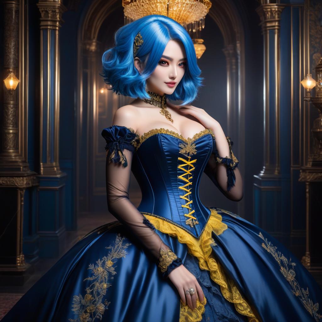  Girl, ((full body)), blue hair, bob haircut, bright yellow eyes, hourglass figure, fully clothed, dress, (19th century ballgown), dark blue clothes, gold jewelry, earrings, necklace, ( corset), belt, choker, looks at viewer, looks down, evil grin, (extremely hyper detailed face), (masterpiece: 1.4), (perfect eyes: 1.1), (perfect hands), 2D, anime, extremely detailed clothes. hyperrealistic, full body, detailed clothing, highly detailed, cinematic lighting, stunningly beautiful, intricate, sharp focus, f/1. 8, 85mm, (centered image composition), (professionally color graded), ((bright soft diffused light)), volumetric fog, trending on instagram, trending on tumblr, HDR 4K, 8K